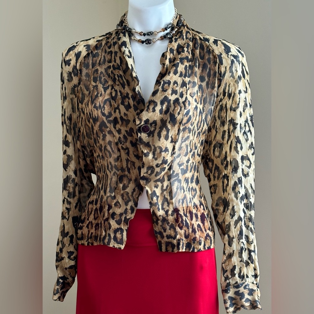 Vintage Anne Pinkerton Sheer Animal Print Leopard Blouse SZ S Good Condition